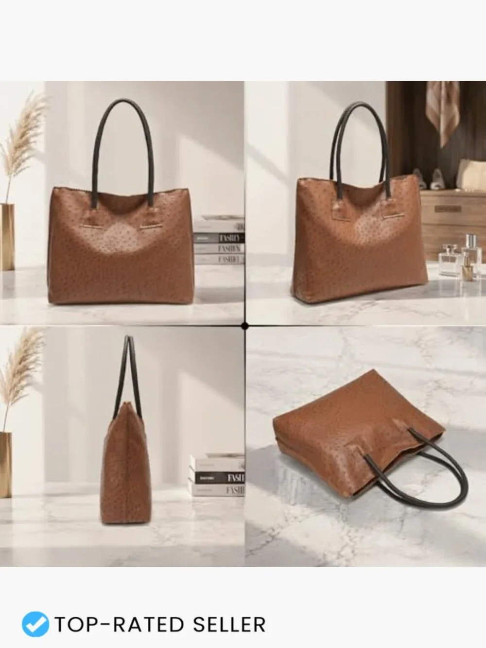 Ostrich Embossed Faux Leather Large Tote Shoulder Bag with Pouch Office Travel